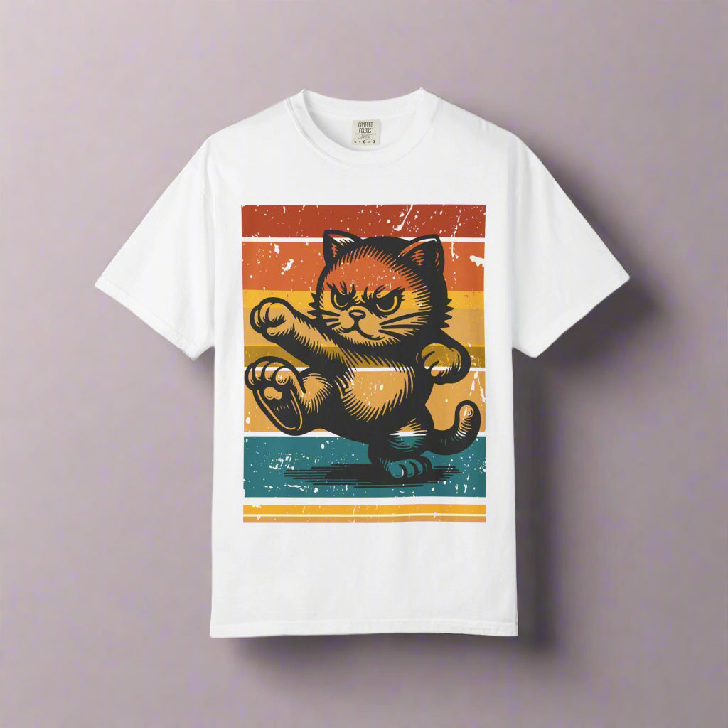 Retro Karate Cat t-shirt in White, design close-up
