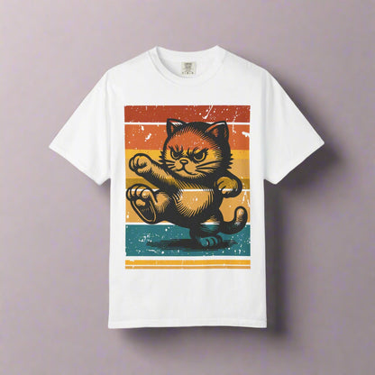 Retro Karate Cat t-shirt in White, design close-up