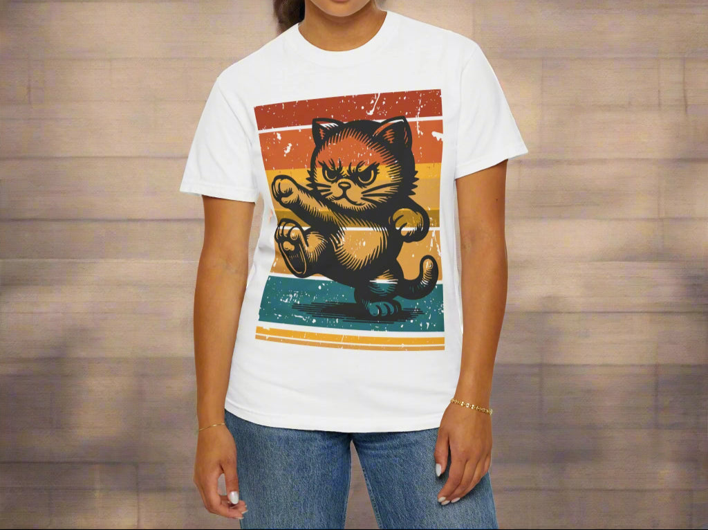 Retro Karate Cat t-shirt in White, front mockup view