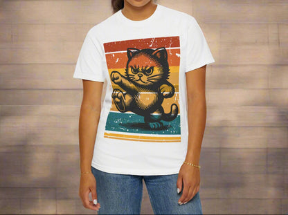 Retro Karate Cat t-shirt in White, front mockup view