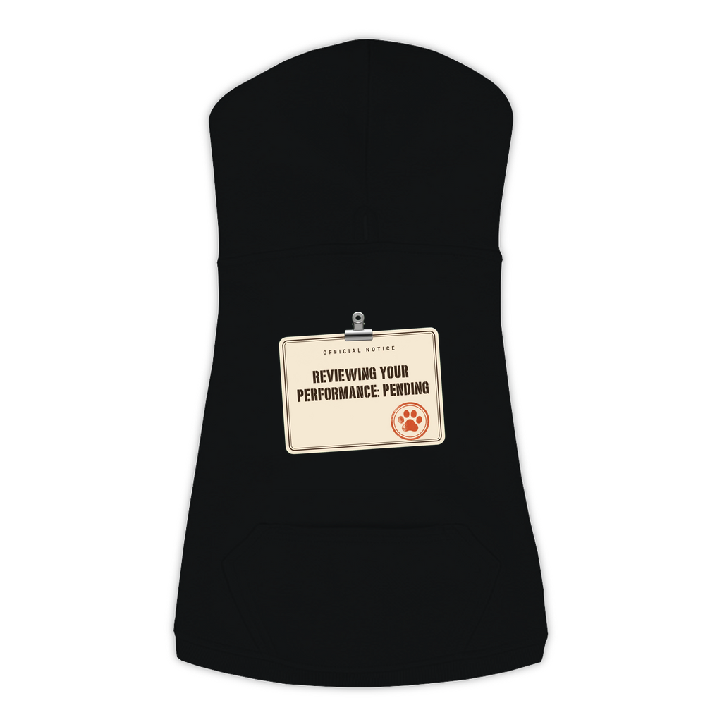 Reviewing Your Performance, Pending dog hoodie in Black, sizes L to 3XL