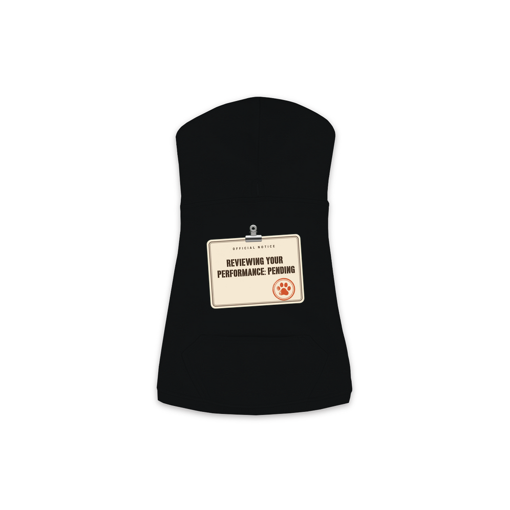 Reviewing Your Performance, Pending dog hoodie in Black, sizes XS to M