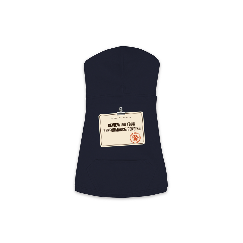 Reviewing Your Performance, Pending dog hoodie in Navy, sizes XS to M