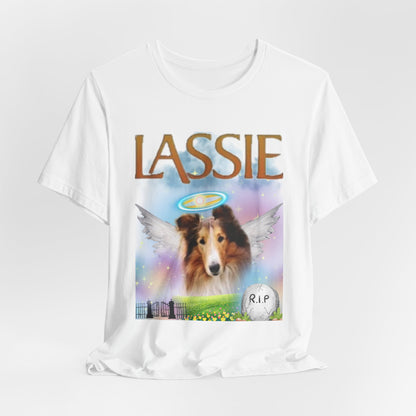 RIP Lassie T-Shirt — Dark Grey Heather — flat lay — SniffWaggleNWalk™