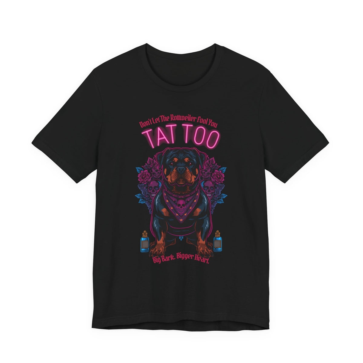 Rottweiler Biker Ink Shop t-shirt in black, flat lay