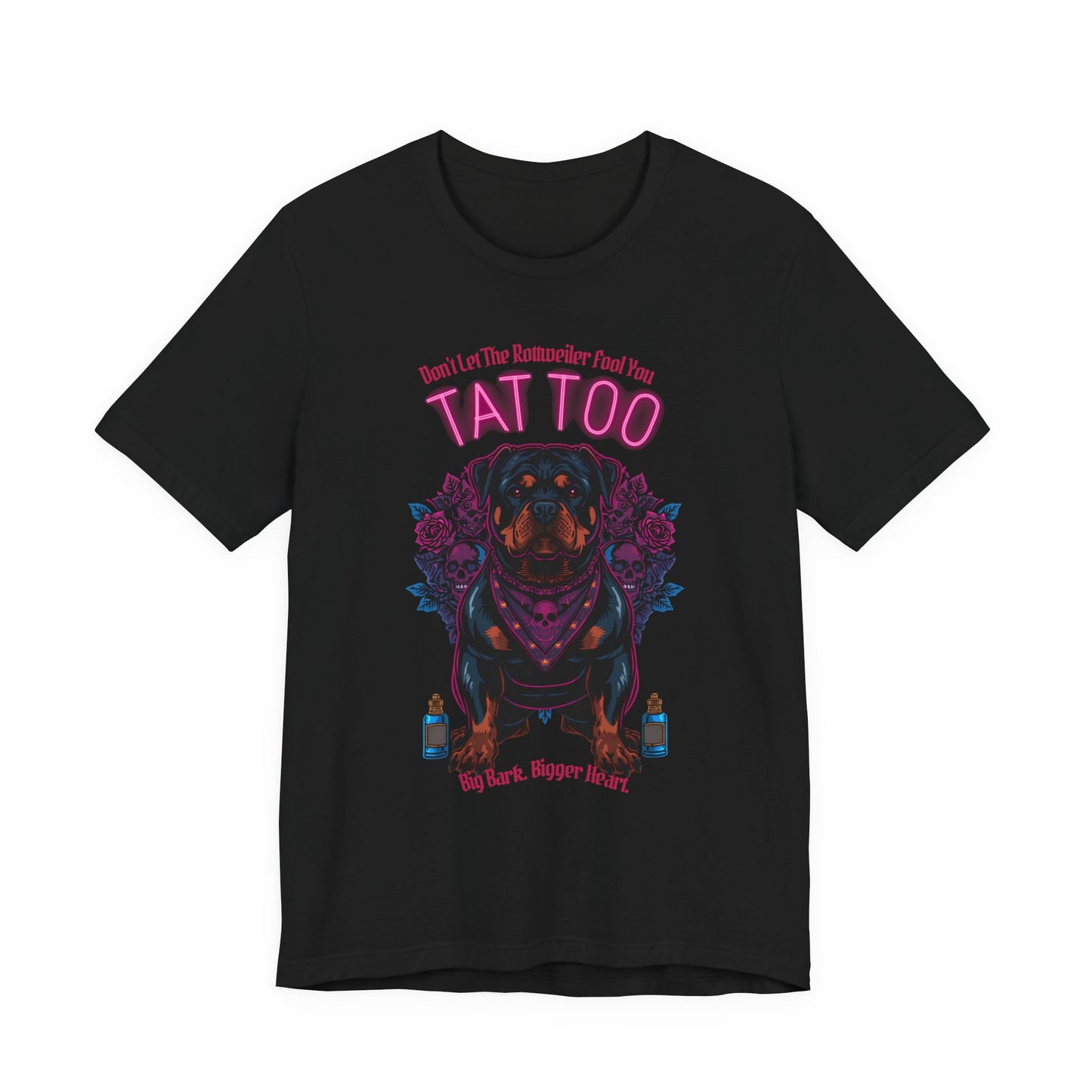 Rottweiler Biker Ink Shop t-shirt in black, flat lay