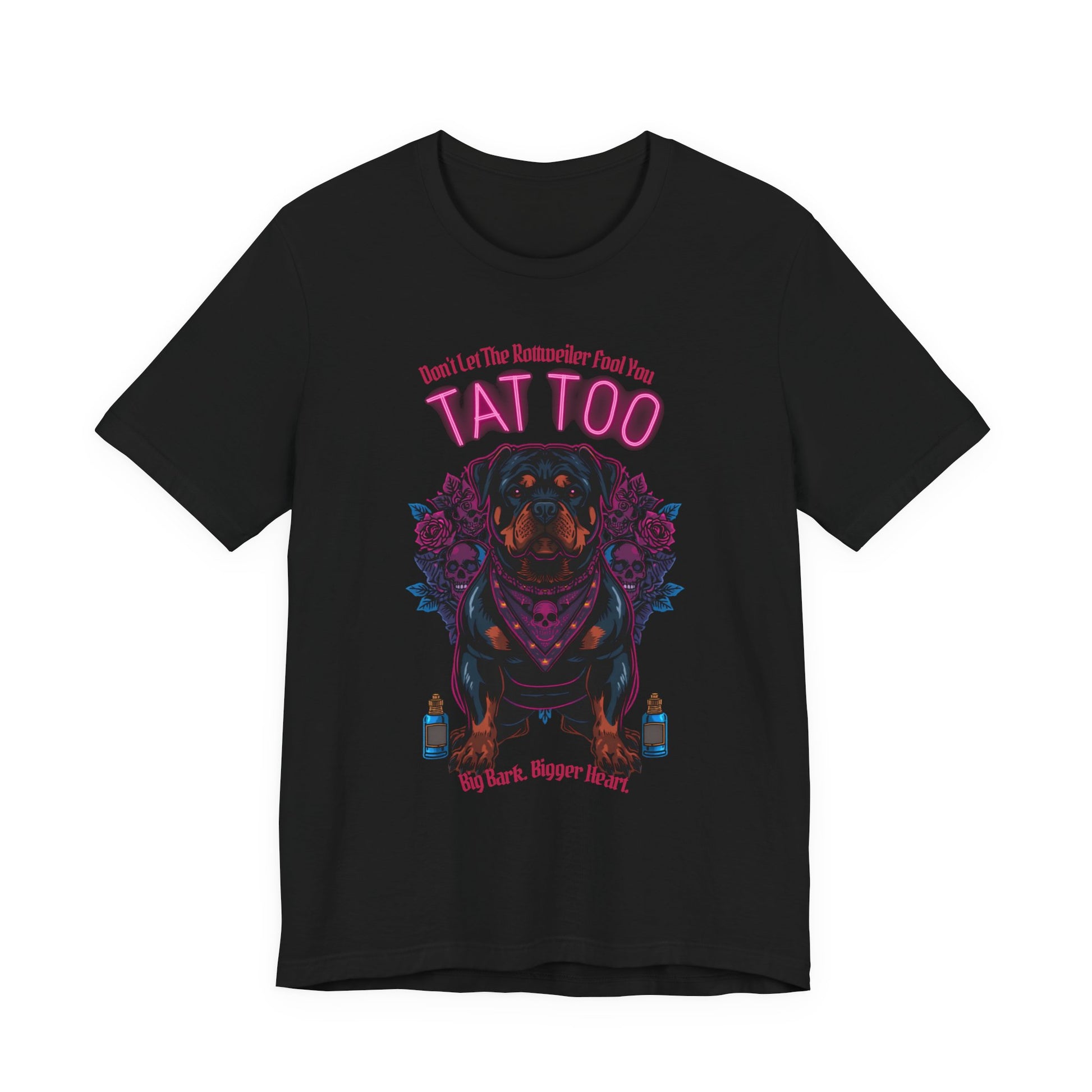 Rottweiler Biker Ink Shop t-shirt in black, flat lay