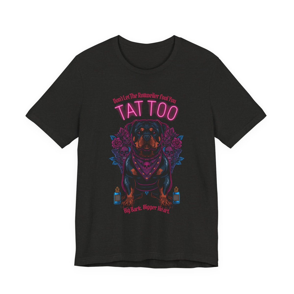 Rottweiler Biker Ink Shop t-shirt in black heather, front view