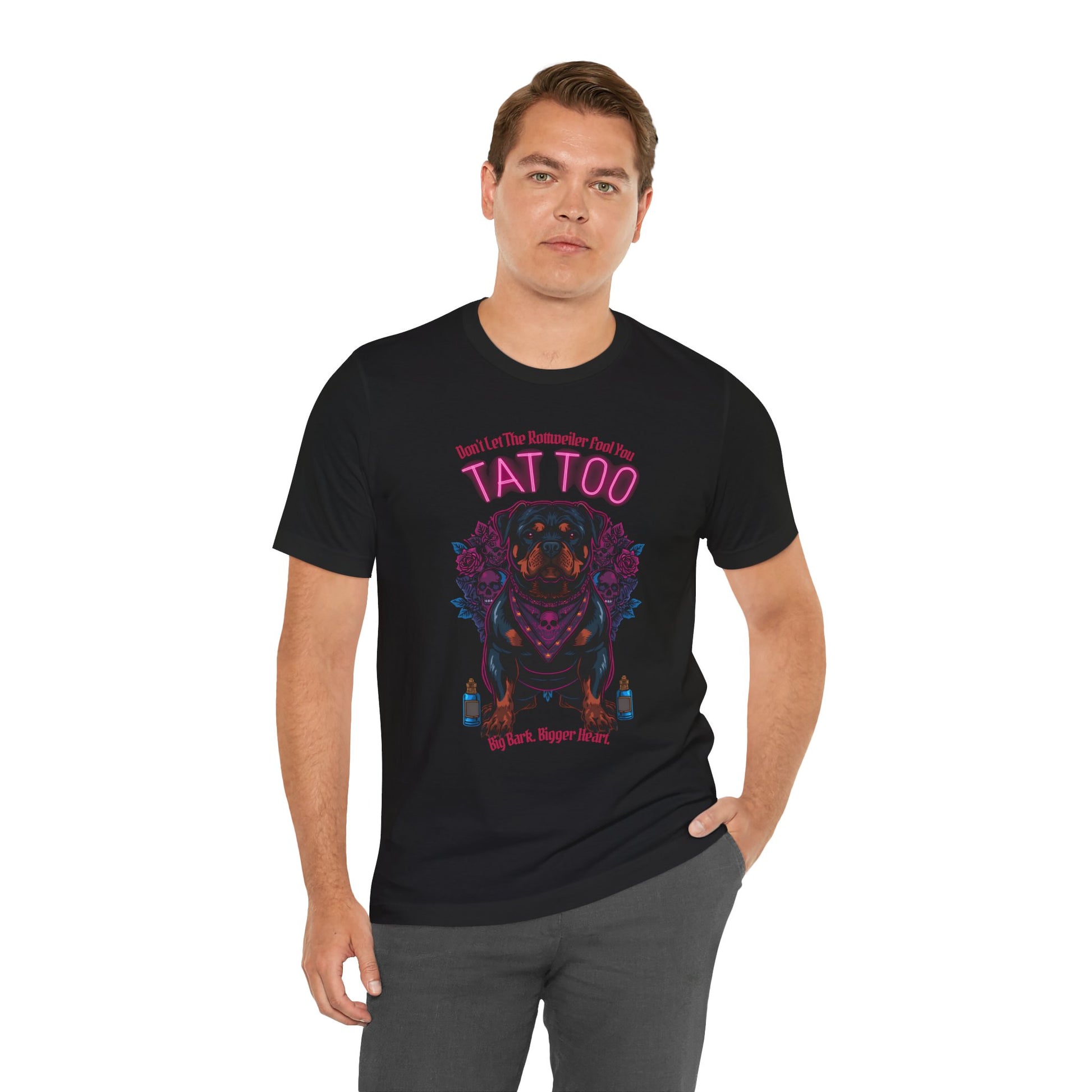 Rottweiler Biker Ink Shop t-shirt in black, lifestyle photo