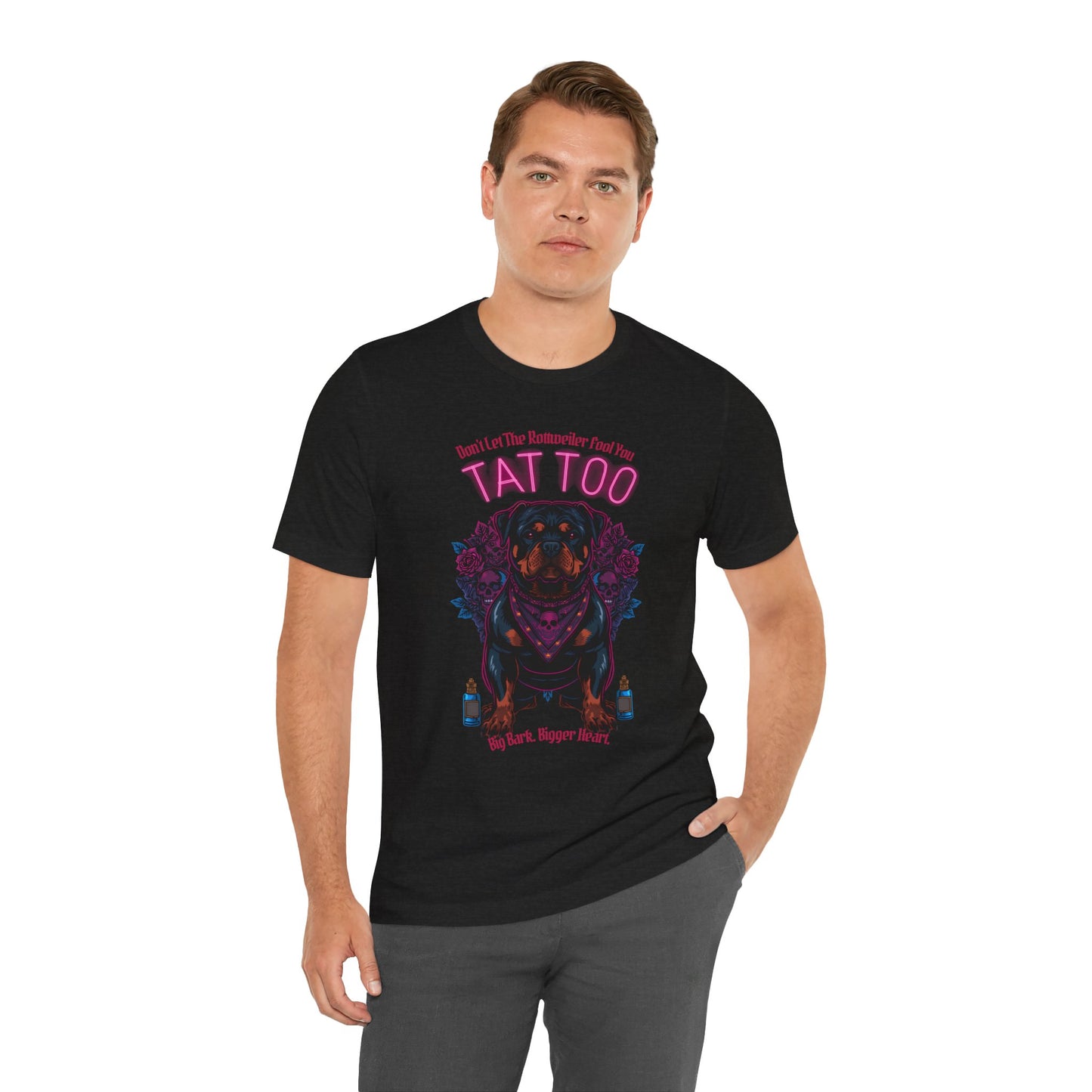 Rottweiler Biker Ink Shop t-shirt in dark grey heather, flat lay