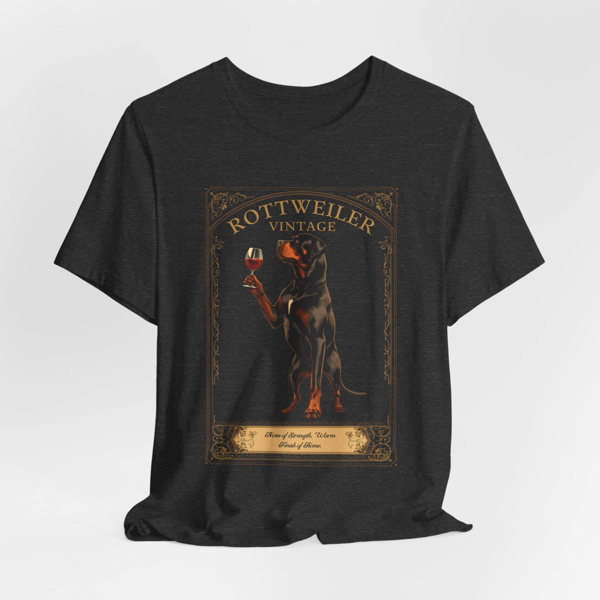 Close-up of Rottweiler Breed Sommelier wine label design on black t-shirt