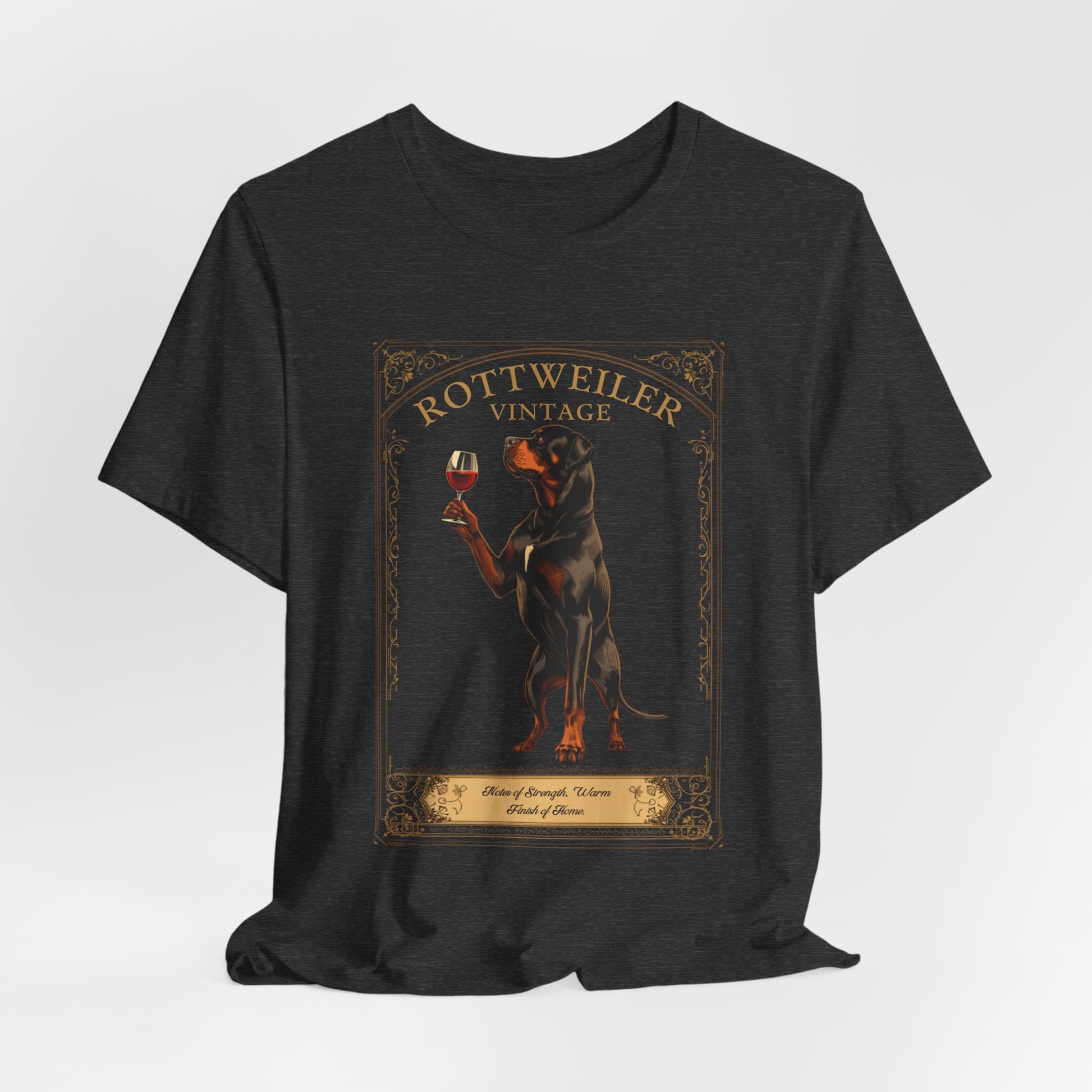 Close-up of Rottweiler Breed Sommelier wine label design on black t-shirt