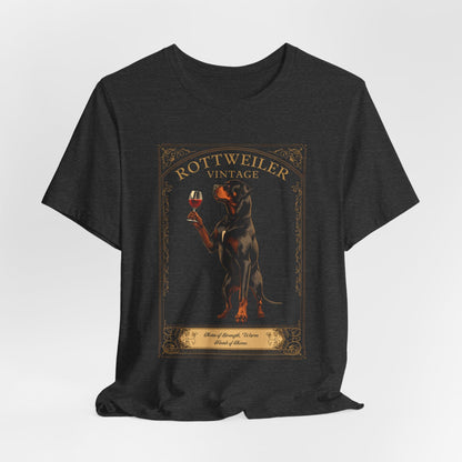 Close-up of Rottweiler Breed Sommelier wine label design on black t-shirt