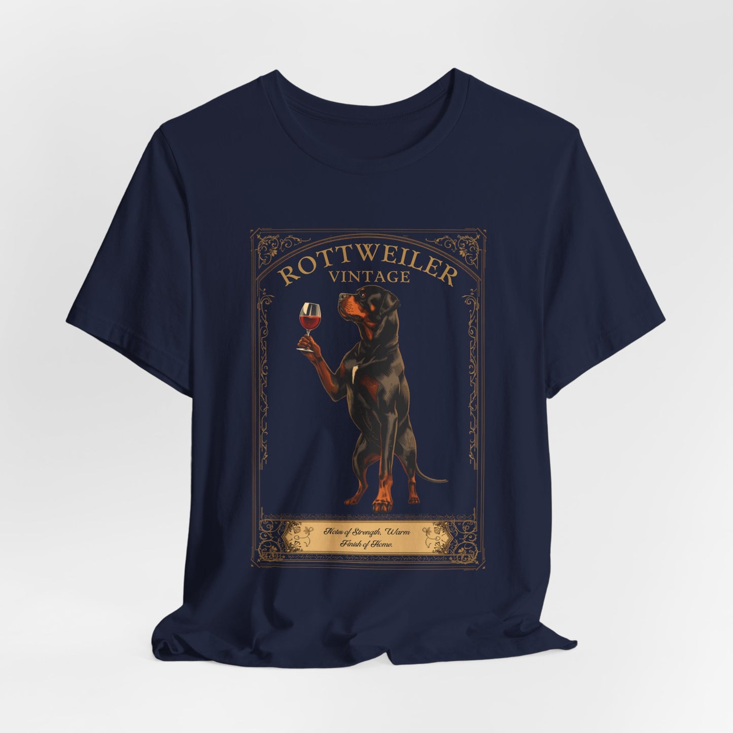 Close-up of Rottweiler Breed Sommelier wine label design on black heather t-shirt