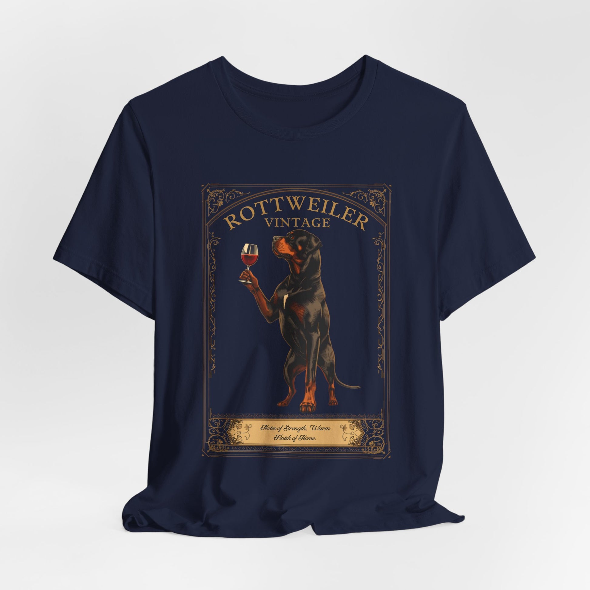 Close-up of Rottweiler Breed Sommelier wine label design on black heather t-shirt