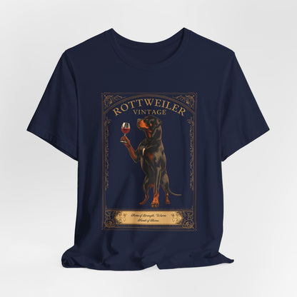 Close-up of Rottweiler Breed Sommelier wine label design on black heather t-shirt