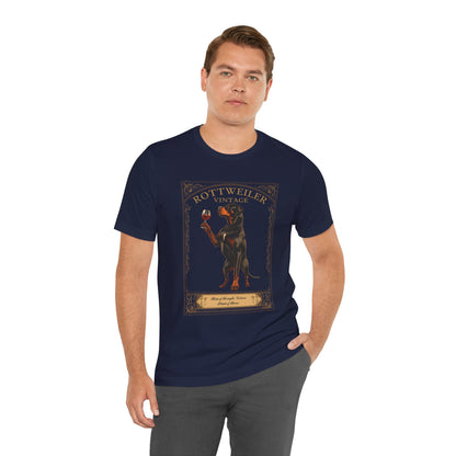 Close-up of Rottweiler Breed Sommelier wine label design on dark grey heather t-shirt