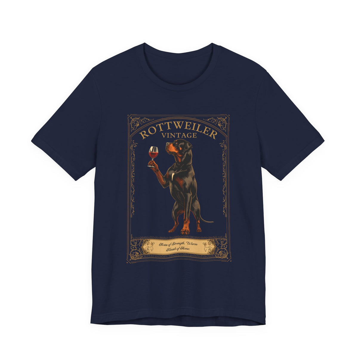 Close-up of Rottweiler Breed Sommelier wine label design on dark grey heather t-shirt