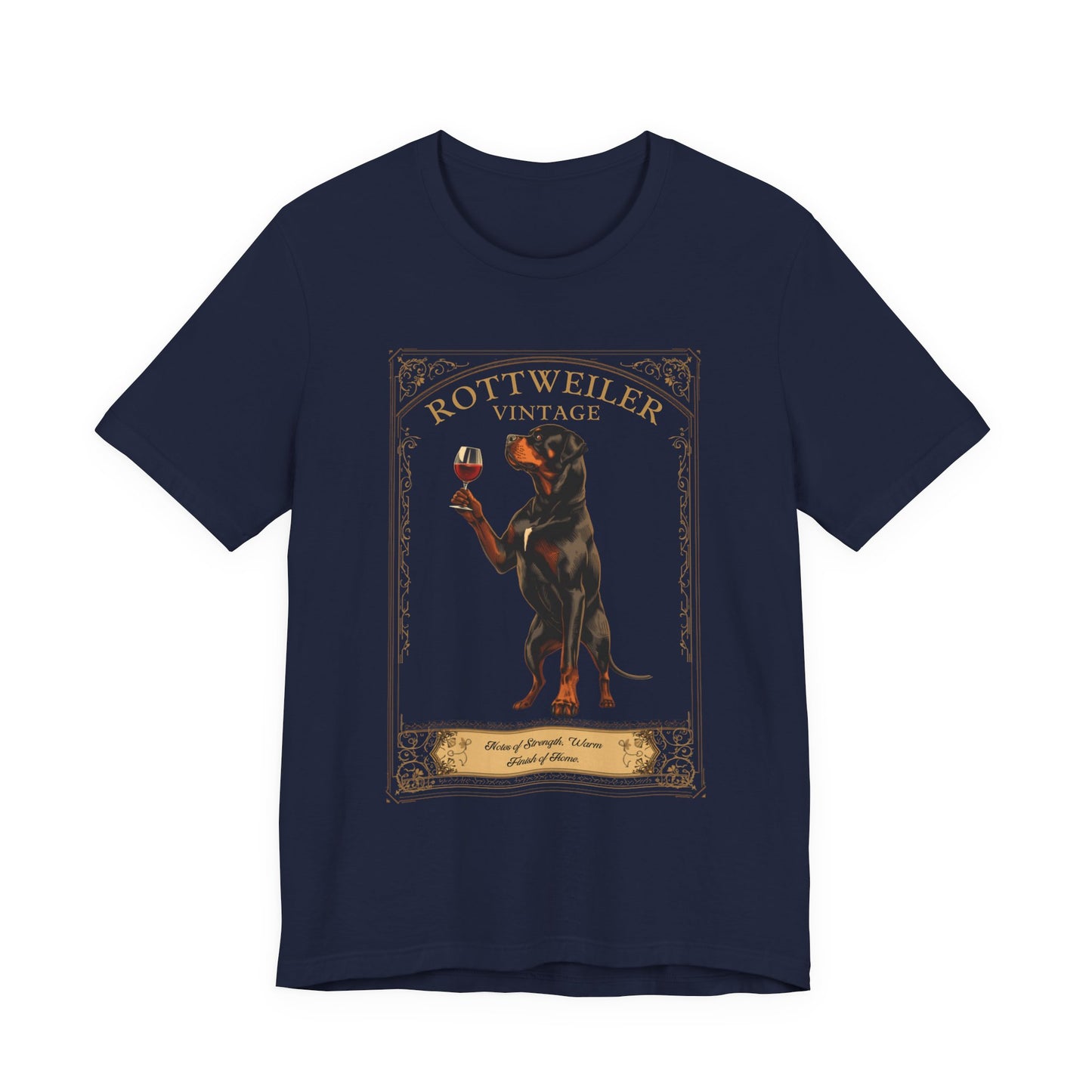 Close-up of Rottweiler Breed Sommelier wine label design on dark grey heather t-shirt