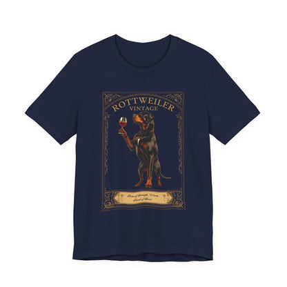 Close-up of Rottweiler Breed Sommelier wine label design on dark grey heather t-shirt