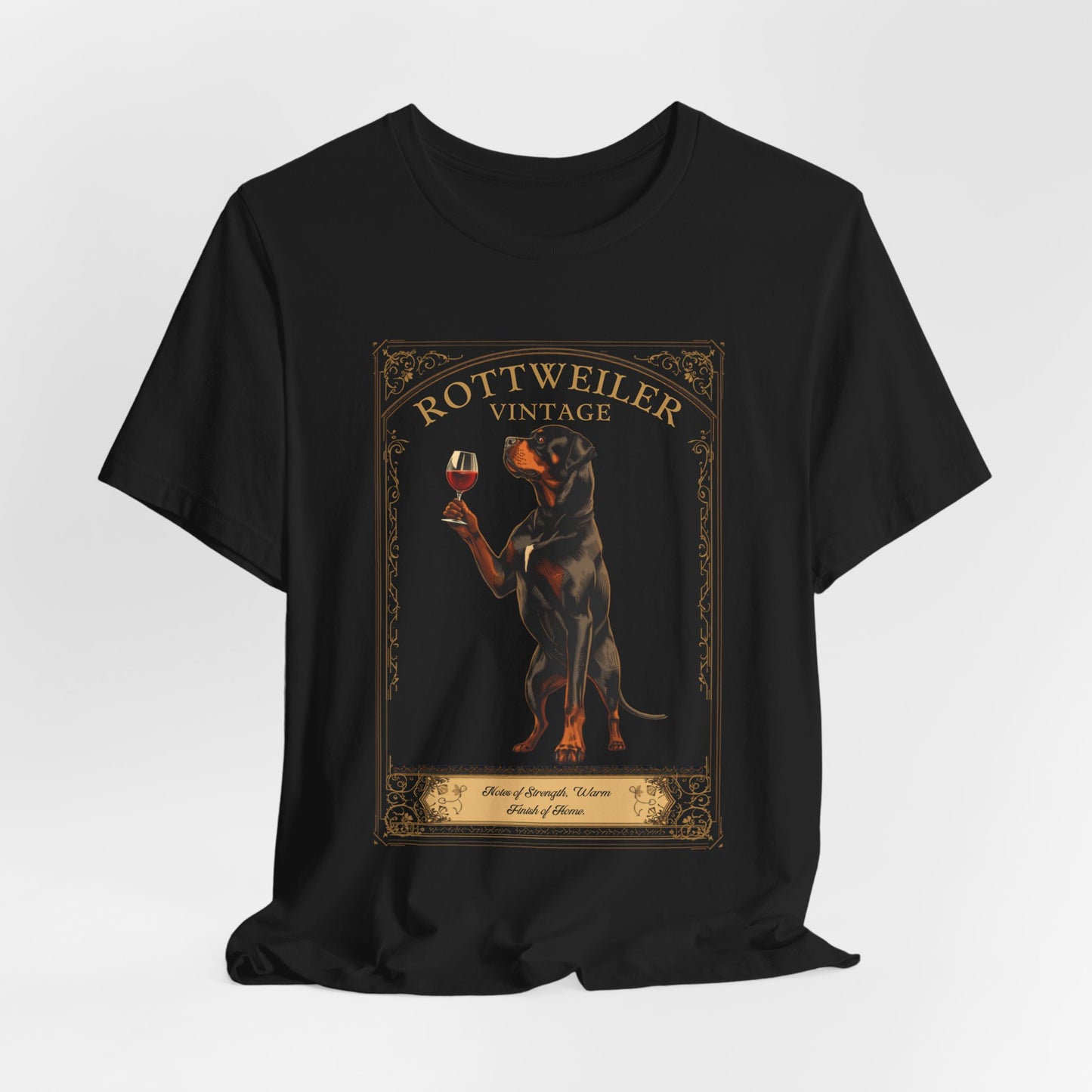 Model wearing Rottweiler Breed Sommelier t-shirt in black — lifestyle photo