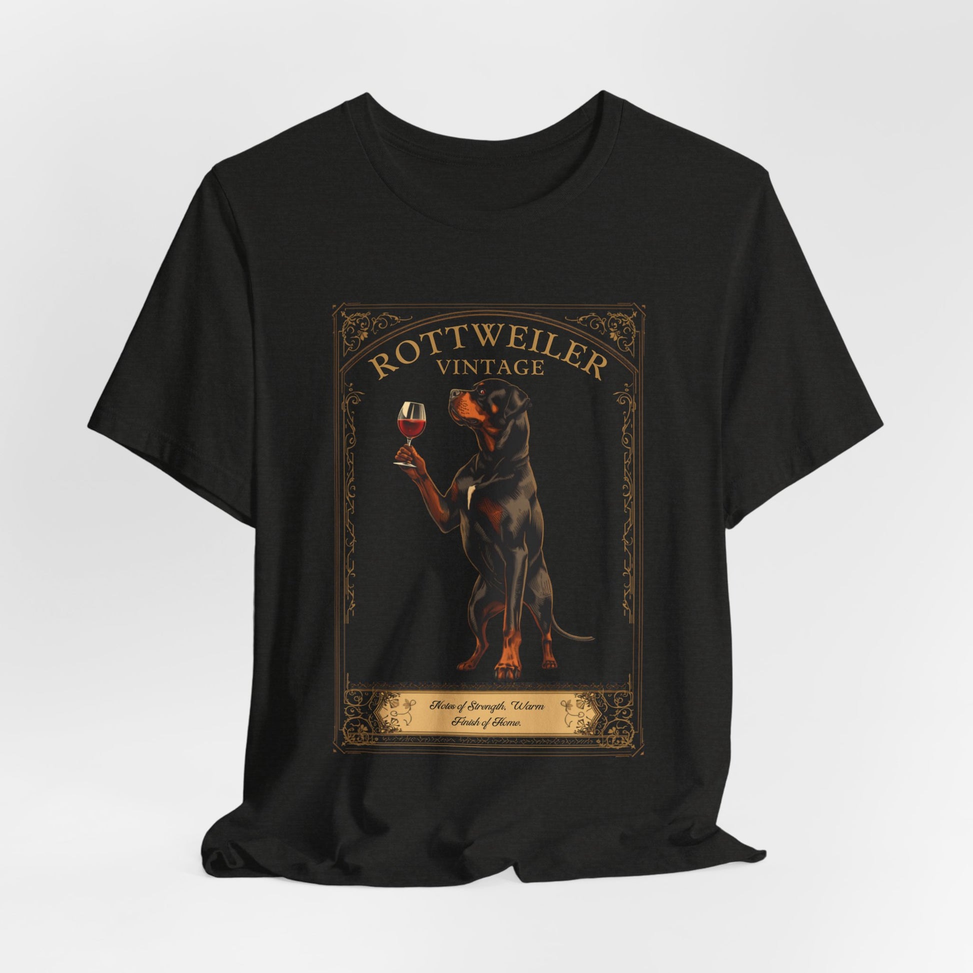 Model wearing Rottweiler Breed Sommelier t-shirt in black heather — lifestyle photo