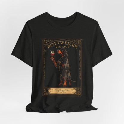 Model wearing Rottweiler Breed Sommelier t-shirt in black heather — lifestyle photo