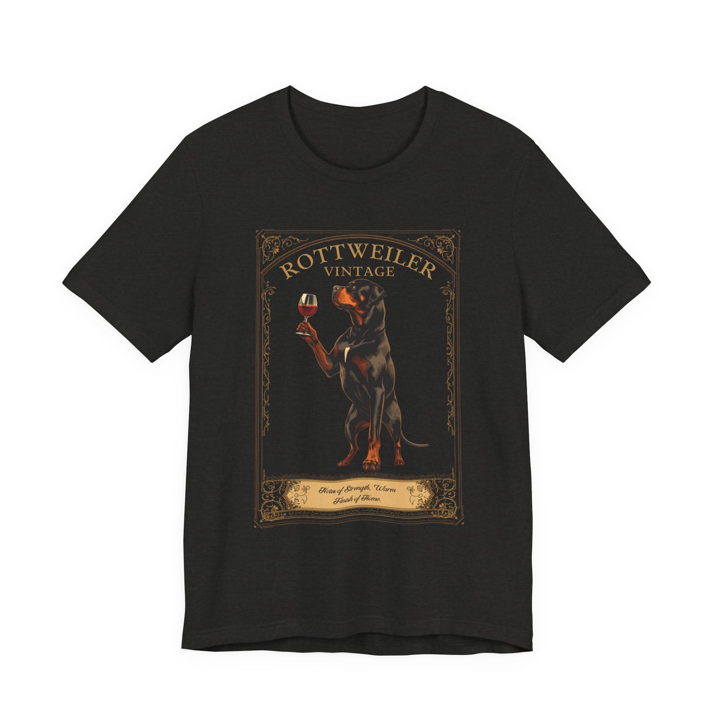 Model wearing Rottweiler Breed Sommelier t-shirt in dark grey heather — lifestyle photo