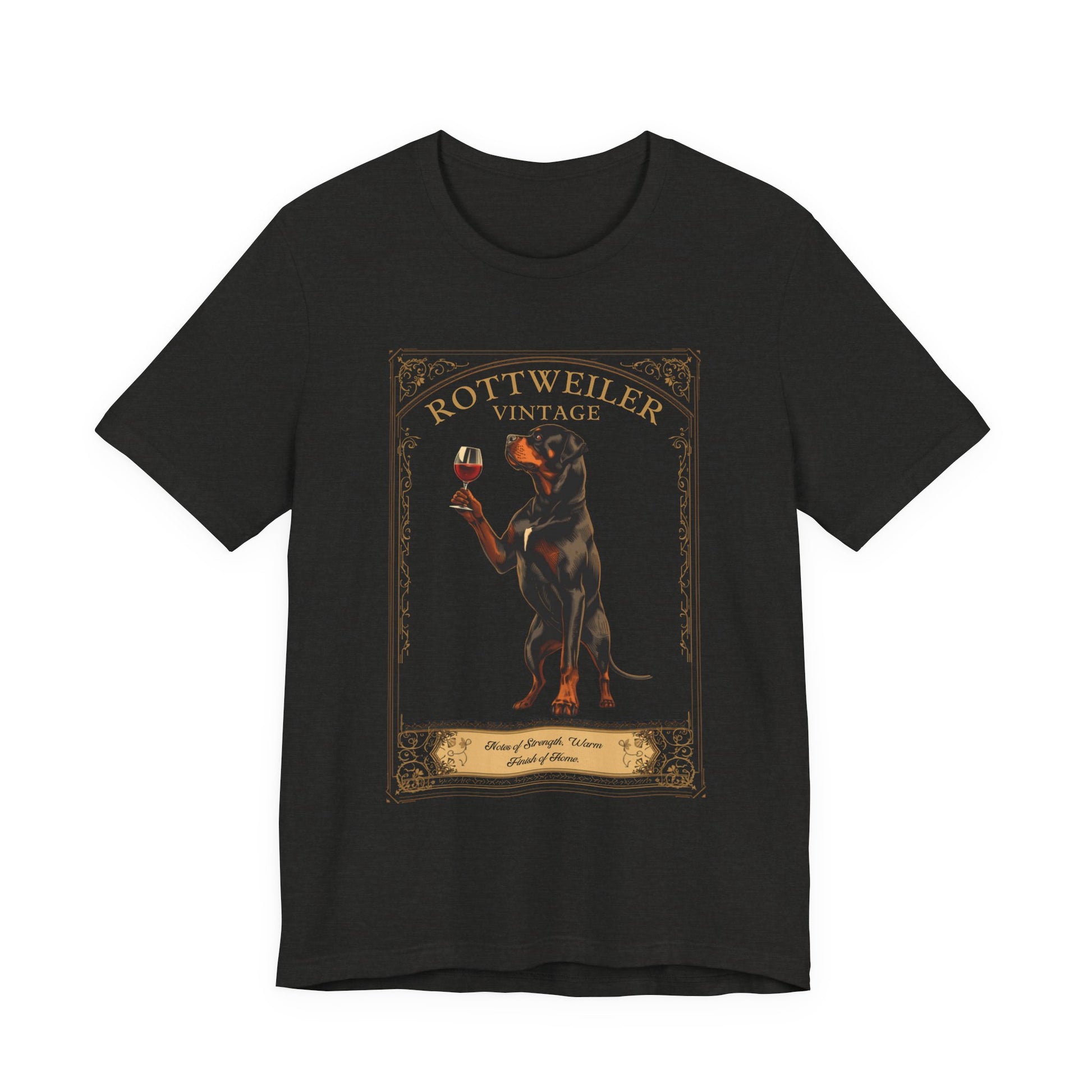 Model wearing Rottweiler Breed Sommelier t-shirt in dark grey heather — lifestyle photo