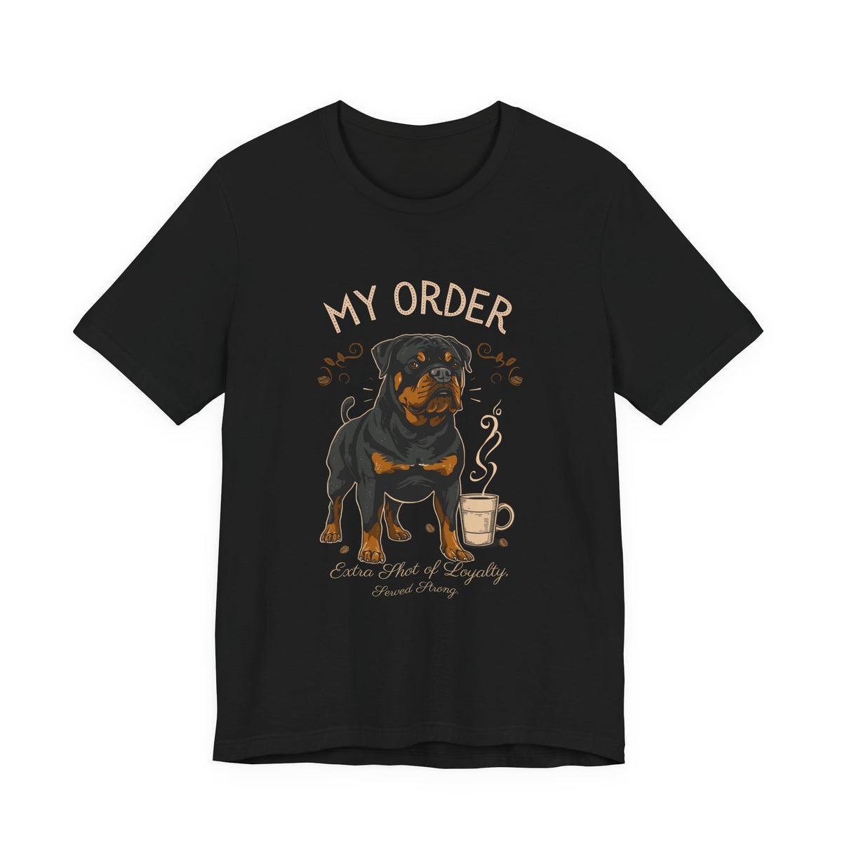 Rottweiler Café Order T-Shirt – Black – Flat Lay