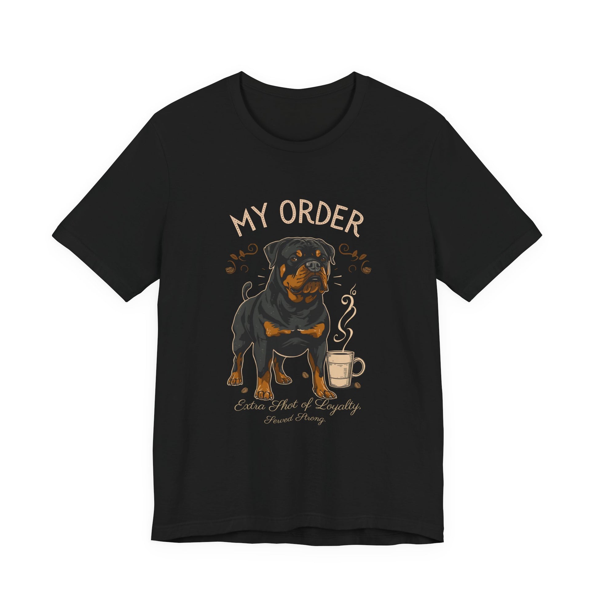 Rottweiler Café Order T-Shirt – Black – Flat Lay