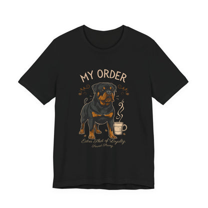 Rottweiler Café Order T-Shirt – Black – Flat Lay