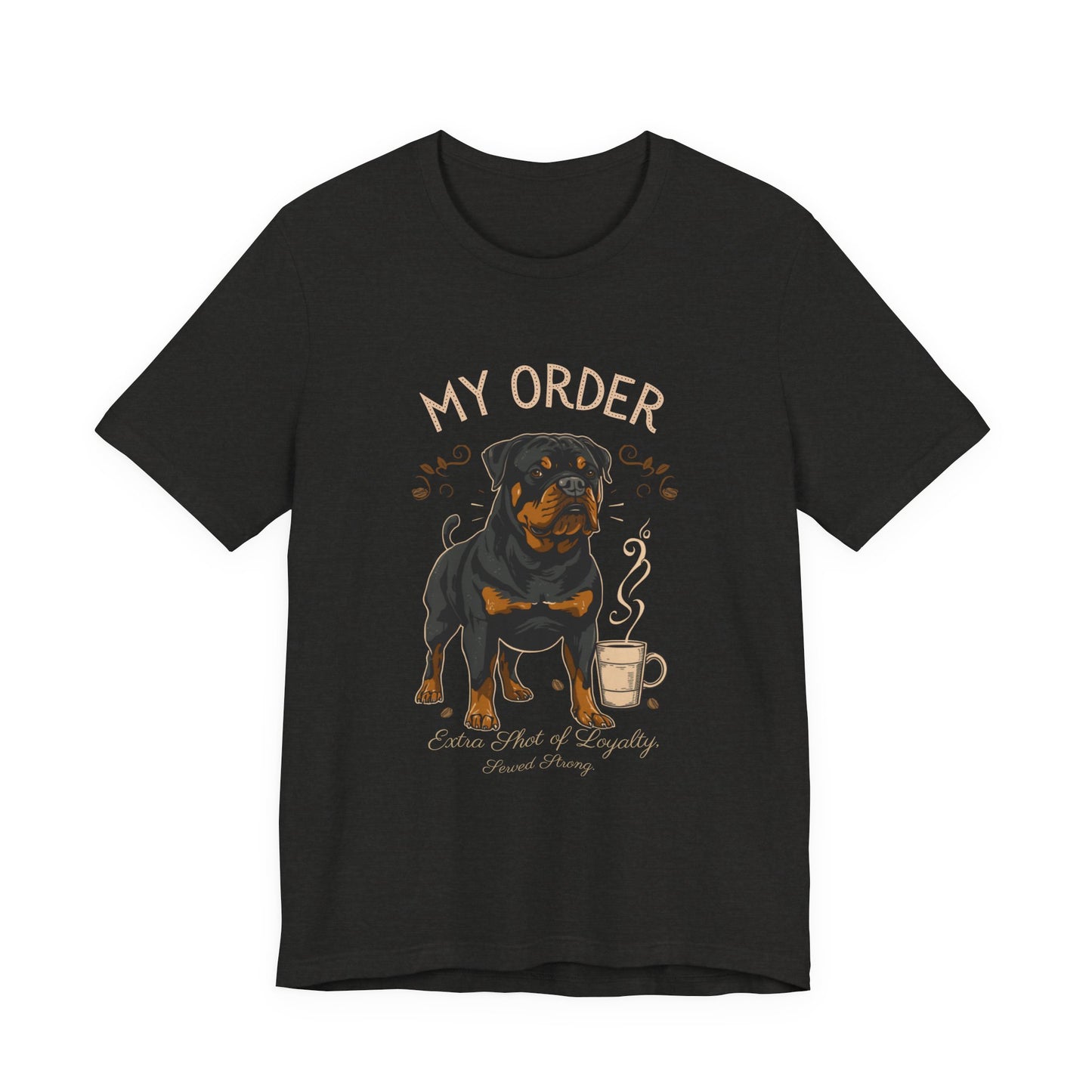 Rottweiler Café Order T-Shirt – Black Heather – Front View