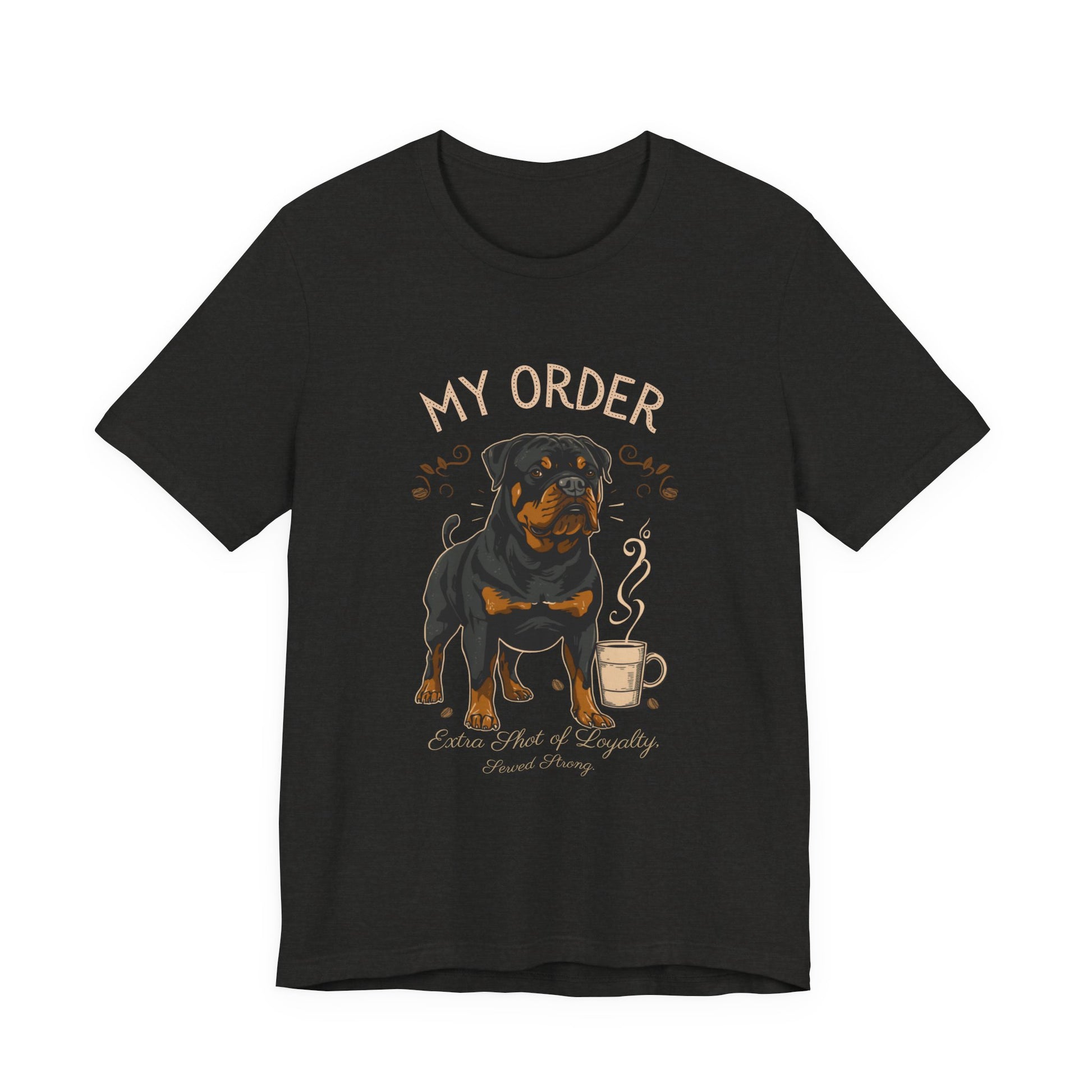Rottweiler Café Order T-Shirt – Black Heather – Front View