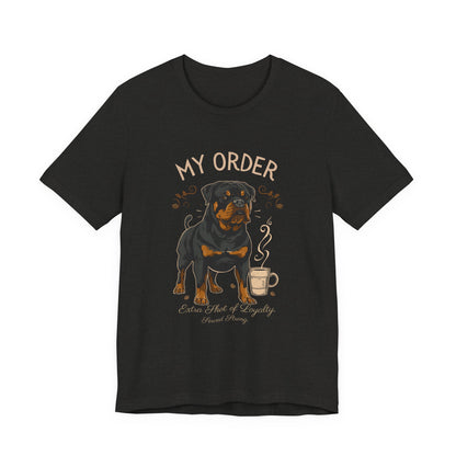 Rottweiler Café Order T-Shirt – Black Heather – Front View