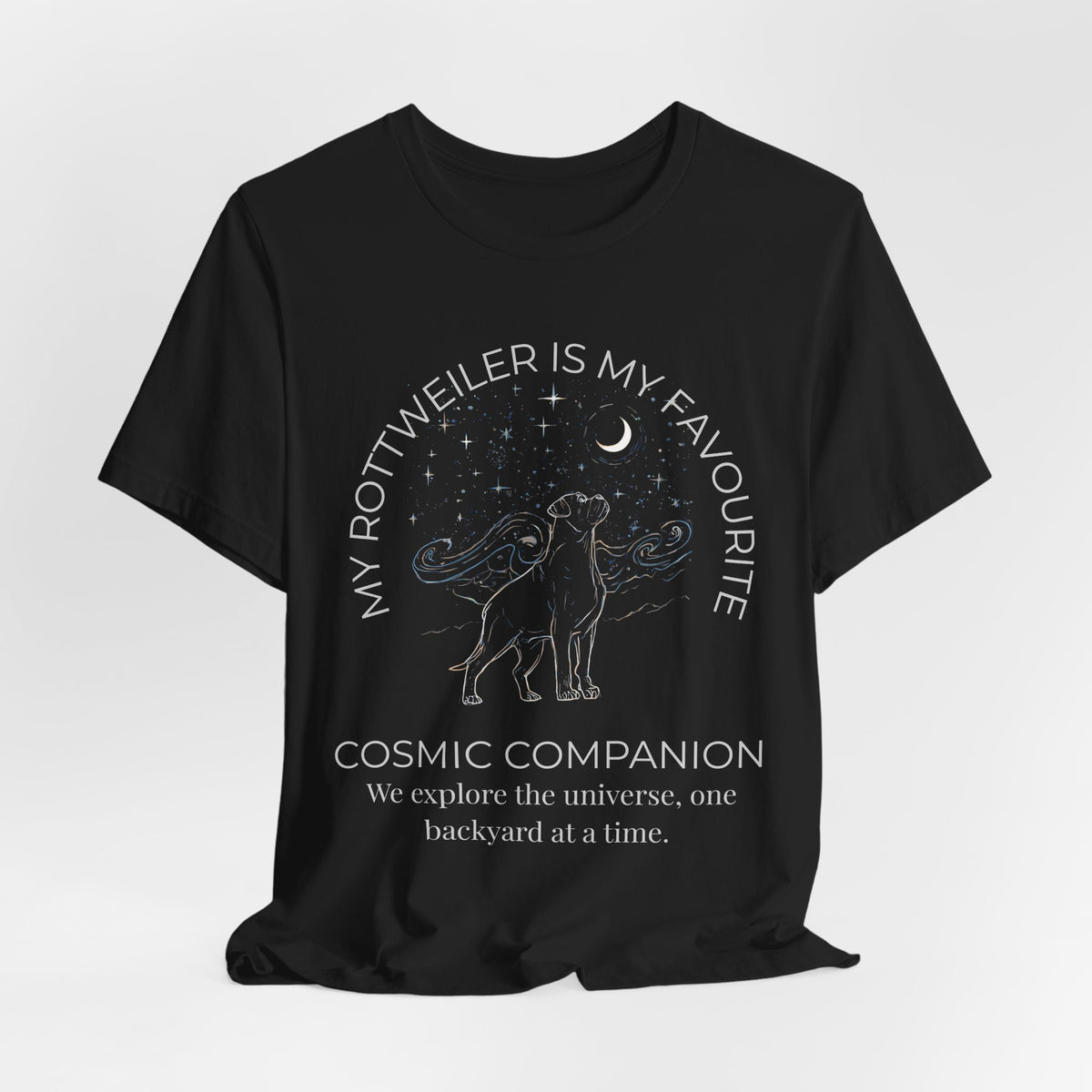 Rottweiler Cosmic Companion T-Shirt flat lay