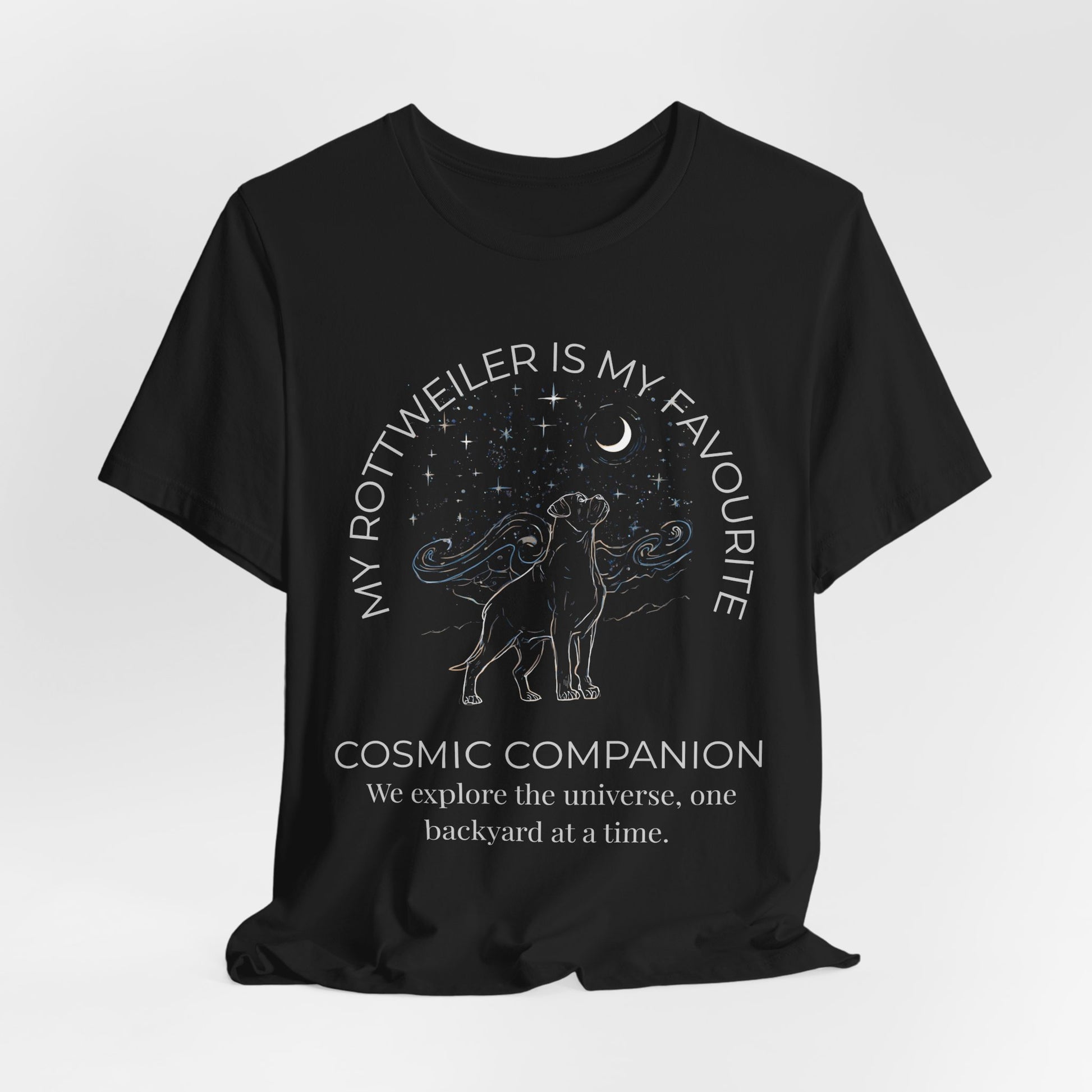 Rottweiler Cosmic Companion T-Shirt flat lay