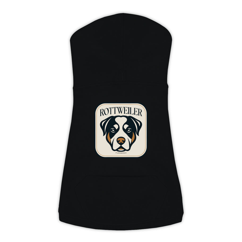 Rottweiler dog hoodie in Black — gold crest emblem print on cosy fleece pullover