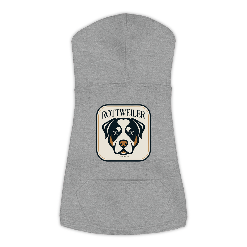 Rottweiler dog hoodie in Granite Heather — gold crest emblem print on cosy fleece pullover