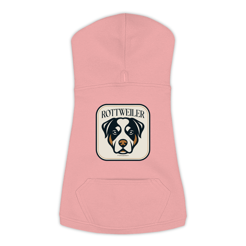 Rottweiler dog hoodie in Mauvelous — gold crest emblem print on cosy fleece pullover