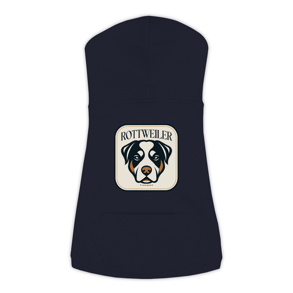 Rottweiler dog hoodie in Navy — gold crest emblem print on cosy fleece pullover