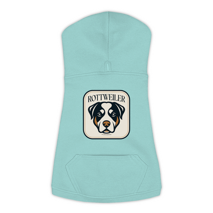 Rottweiler dog hoodie in Saltwater — gold crest emblem print on cosy fleece pullover