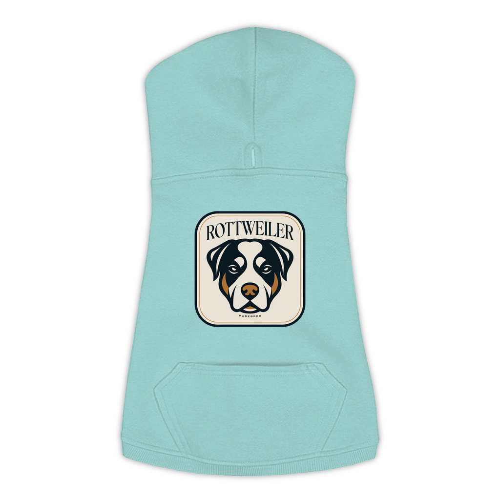 Rottweiler dog hoodie in Saltwater — gold crest emblem print on cosy fleece pullover