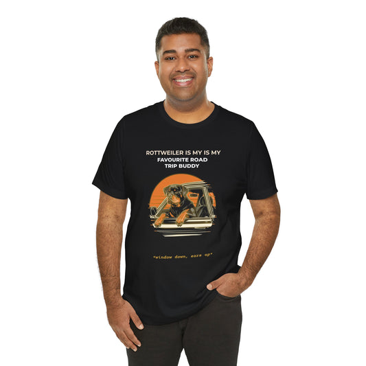Rottweiler Road Trip Buddy t-shirt — funny Rottweiler travel tee on Bella+Canvas 3001, view 1