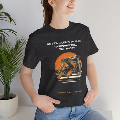 Rottweiler Road Trip Buddy t-shirt — funny Rottweiler travel tee on Bella+Canvas 3001, view 17