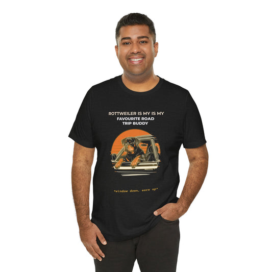 Rottweiler Road Trip Buddy t-shirt — funny Rottweiler travel tee on Bella+Canvas 3001, view 2