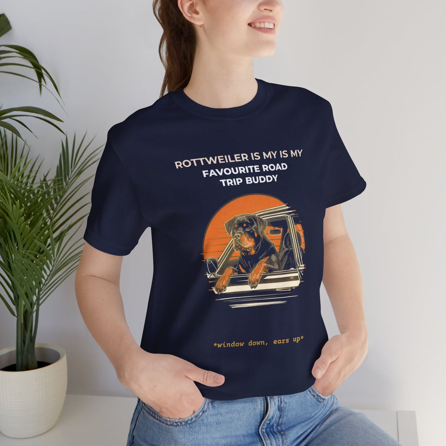 Rottweiler Road Trip Buddy t-shirt — funny Rottweiler travel tee on Bella+Canvas 3001, view 23