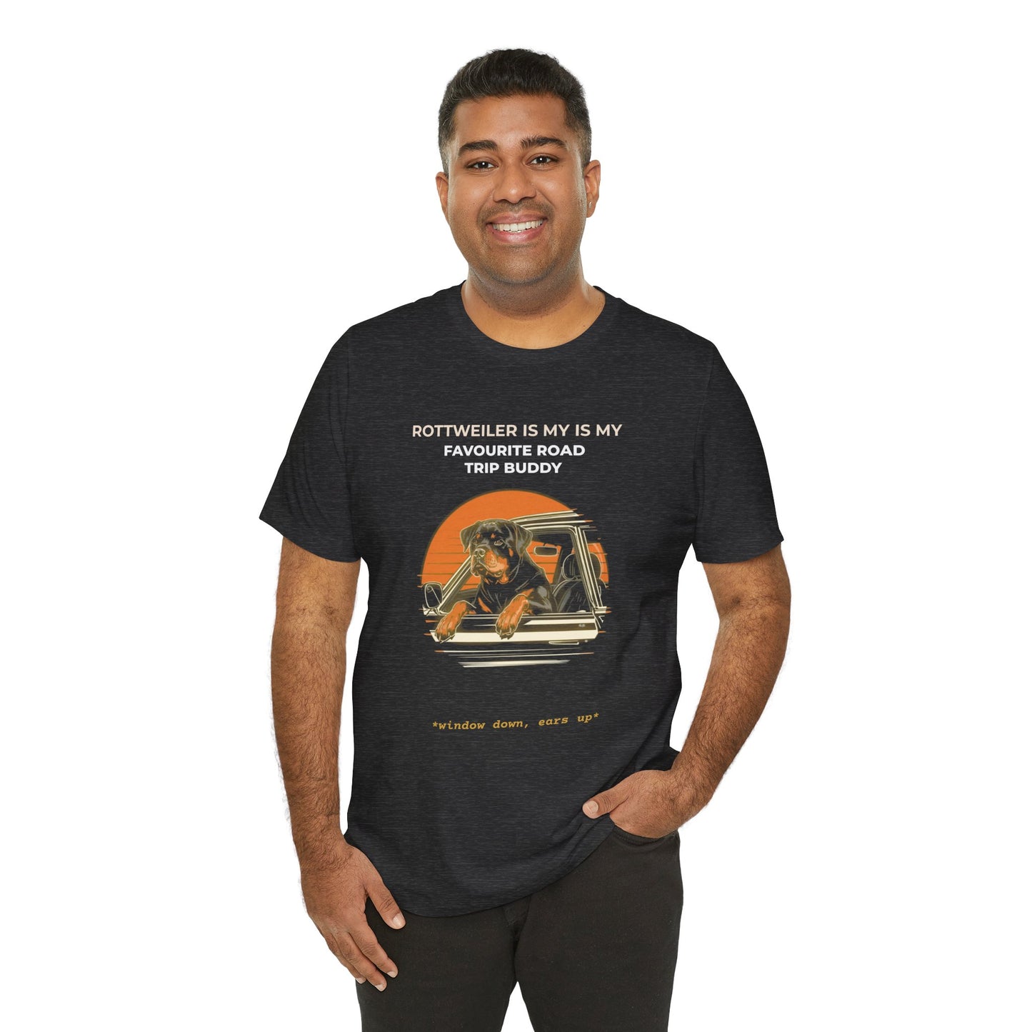 Rottweiler Road Trip Buddy t-shirt — funny Rottweiler travel tee on Bella+Canvas 3001, view 3