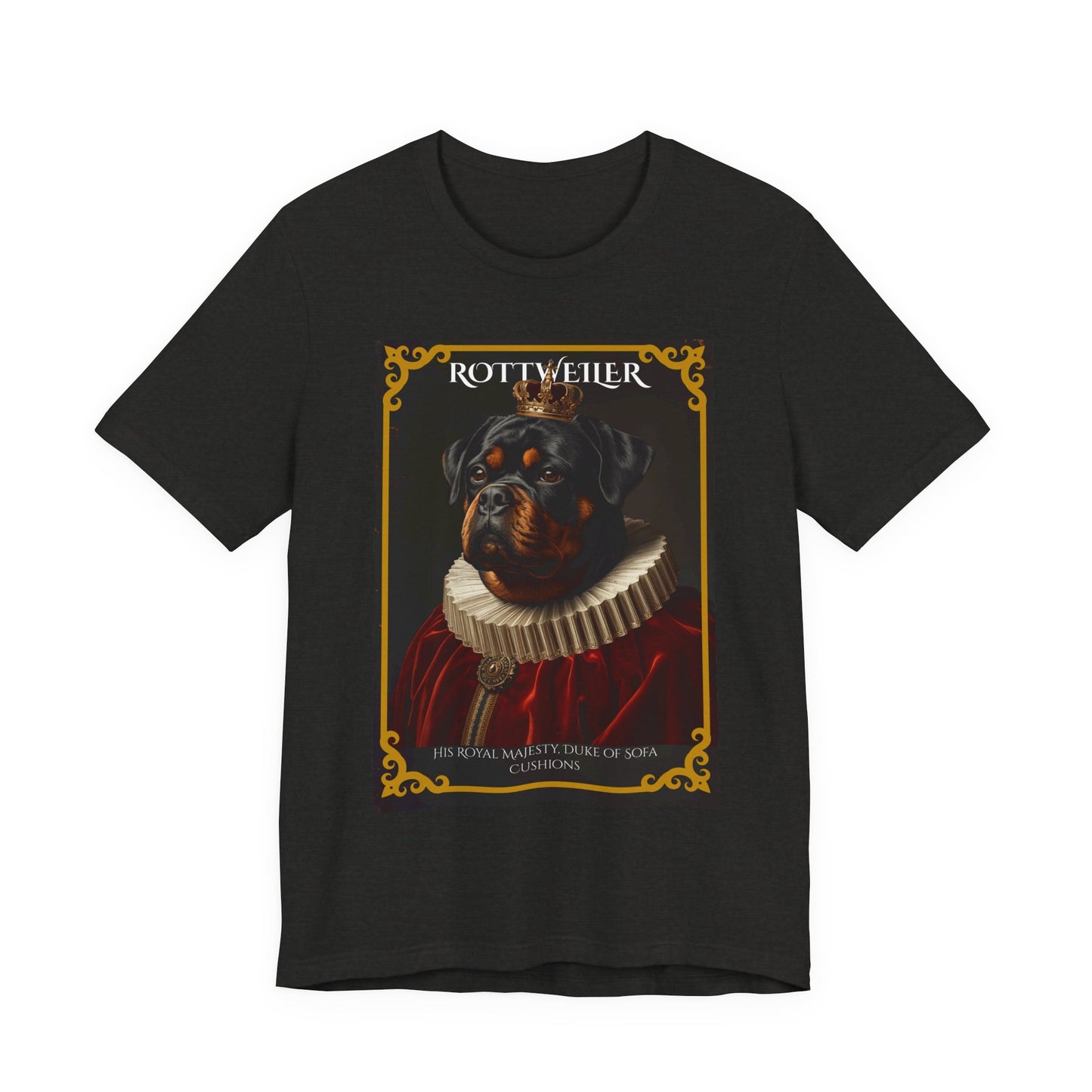 Model wearing the Rottweiler Royal Portrait tee, front pose