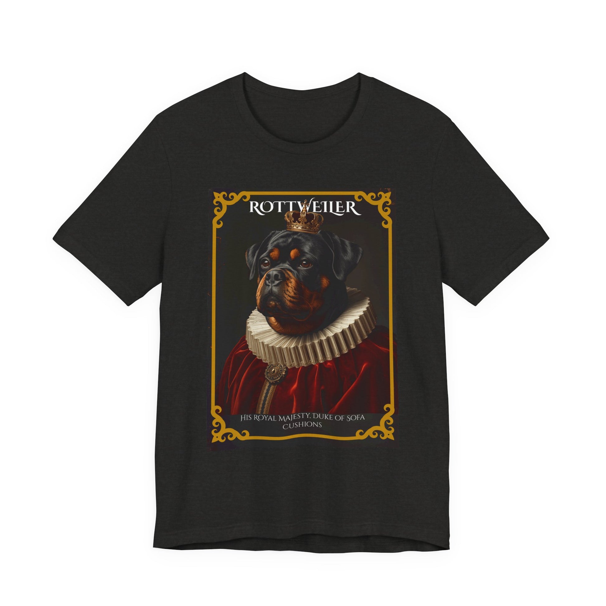 Model wearing the Rottweiler Royal Portrait tee, front pose